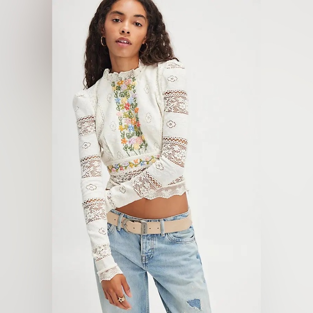 Free People Garden Grace Top Floral Embroidered